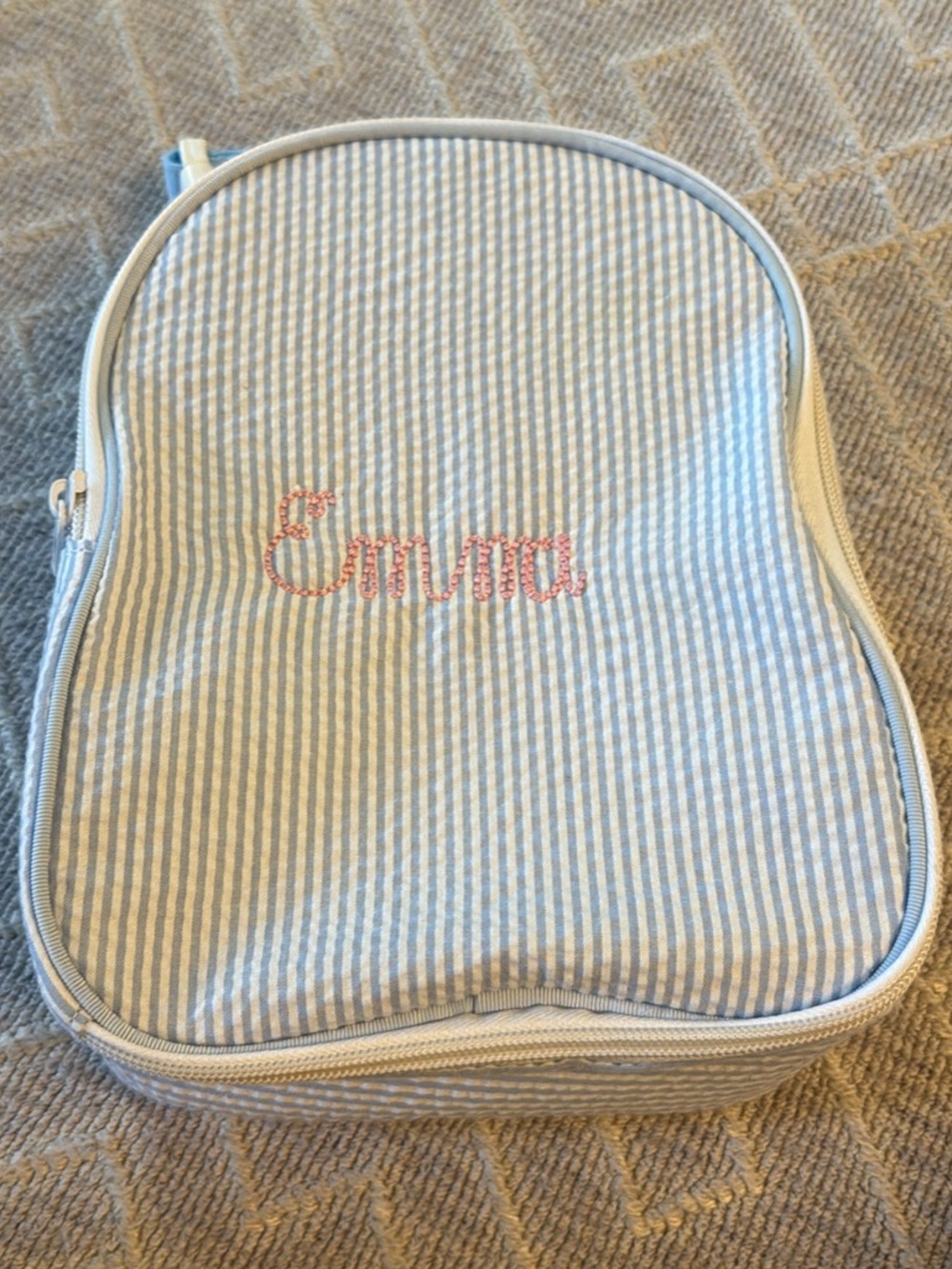 NEW Blue and White Striped Seersucker Girls' Backpack - Emma Embroidery NWOT